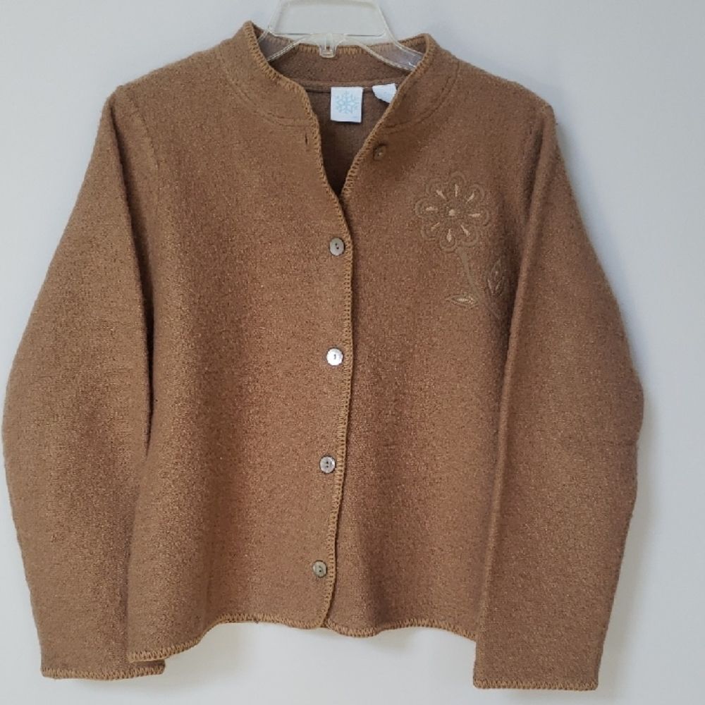 Nordic Boiled Wool Jacket Cardigan Women's M Tan Sweater Embroidered Floral Cozy